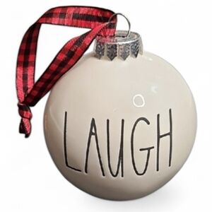 Rae Dunn Ceramic Holiday Ornament, LAUGH, Buffalo Plaid Ribbon